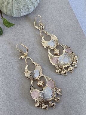 Boho Tricolor Gold Big Dangling Chandelier Filigree Earrings with Hearts